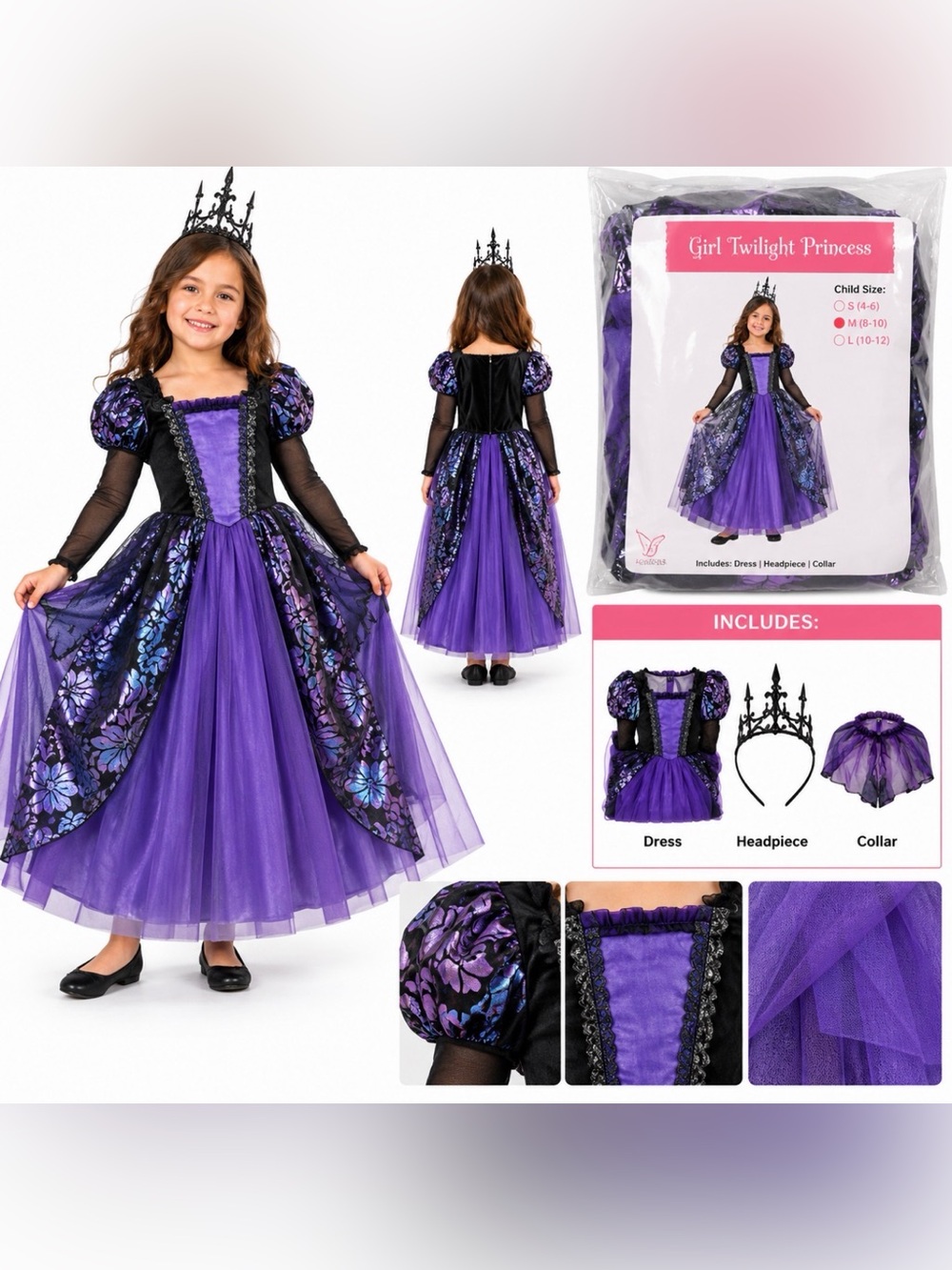 Girls Twilight Princess Halloween Costume Youth Medium 8-10 Purple Black Gothic